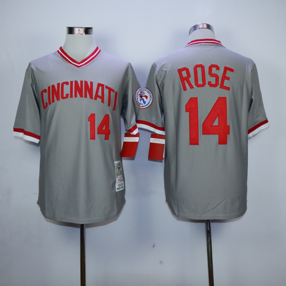Men MLB Cincinnati Reds 14 Rose throwback grey jerseys